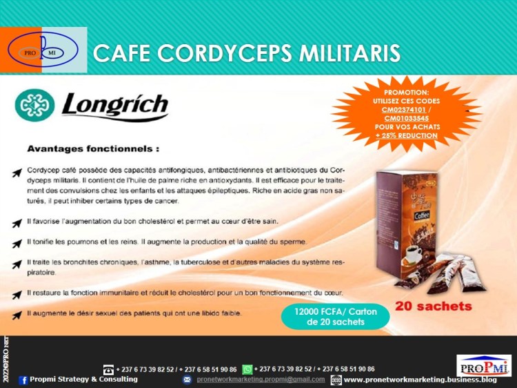 Longrich Cordyceps Militaris Café - Décaféine. Usage: Orales (adultes hommes, femmes ). Contre la fatigue générale. 

• Il possède des capacités antifongiques, antibactériennes et antibiotiques du cordyceps militaris
• Contient de l'huile de noix de palme riche en antioxydants
• Efficace pour le traitement des convulsions chez les enfants et les attaques épileptiques
• Riche en acide gras non satures
• Peut inhiber certains types de cancer 
• Augmente le bon cholestérol
• Favorise un cœur sain
• Il contient des protéines 
• Tonifie les poumons et les reins 
• Augmente la production du sperme.

Contactez-nous par WhatsApp : https://wa.me/message/KUXWSMCOQLHAE1 ou +237 673398252.
