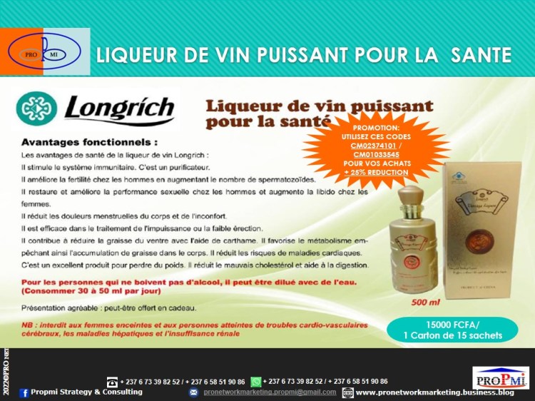 Longrich liqueur de santé. Vieux liqueur de santé à l’extrait de serpent. Usage: Orales (adultes hommes, femmes ). 

=> Traiter les problèmes rénaux, le foie, les intestins, la vision, 
=> Aide contre les troubles congestifs de la ménopause, les palpitations, les bouffées de chaleur, l’insomnie, l’irritabilité, les bourdonnements d’oreille. 
=> Rééquilibre la tension

Contactez-nous par WhatsApp : https://wa.me/message/KUXWSMCOQLHAE1 ou +237 673398252.