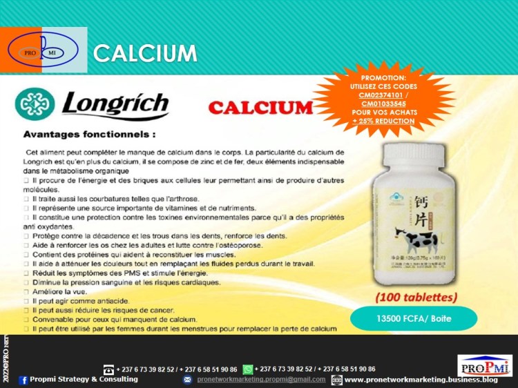 Longrich CALCIUM Croquant (zinc, fer, magnésiums). Usage: Orales (adultes hommes, femmes et enfants plus de 4ans ). Supplément de calcium, zinc fer et magnésium. Lire plus: https://pronetworkmarketing.business.blog/soins-sante-complement-alimentaire-longrich-calcium-croquant-3-en-1/

Contactez-nous par WhatsApp : https://wa.me/message/KUXWSMCOQLHAE1 ou +237 673398252.