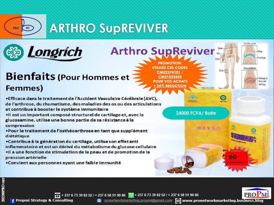Longrich Arthro SupReviver 700mg. Biotechnologie pour renforcer les os et réparer le cartilage. Usage: Orales (adultes hommes, femmes ). Pour soigner l´arthrose, les tendinites, l´épicondylite, l´épine de lenoir, la faiblesse du système immunitaire, les maladies du cœur et des vaisseaux sanguins.

• Elle permet de ralentir ou d’arrêter l’évolution arthrosique; 
• Elle favorise aussi un soulagement des douleurs engendrées par l’arthrose et même une certaine régénération du cartilage;
• Elle permet d'améliorer l'effet rembourré, atténuer l'impact et la friction pendant les activités;
• Elle permet de supprimer les dommages causés aux enzymes des cartilages;
• Elle permet d'empêcher le cartilage de se décomposer et de se dissoudre;
• Elle permet de fournir de l'oxygène et des nutriments aux articulations;
• Elle permet d' aider à éliminer les déchets dans l'articulation. etc.

Contactez-nous par WhatsApp : https://wa.me/message/KUXWSMCOQLHAE1 ou +237 673398252.